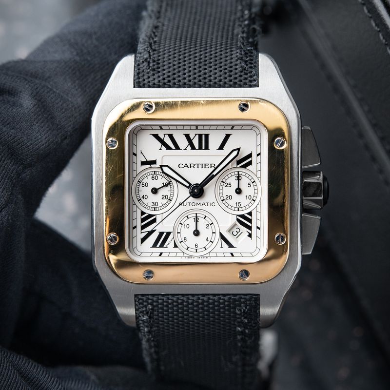 Cartier Santos 100 XL Chronograph Two Tone Yellow Gold Steel Date White 41