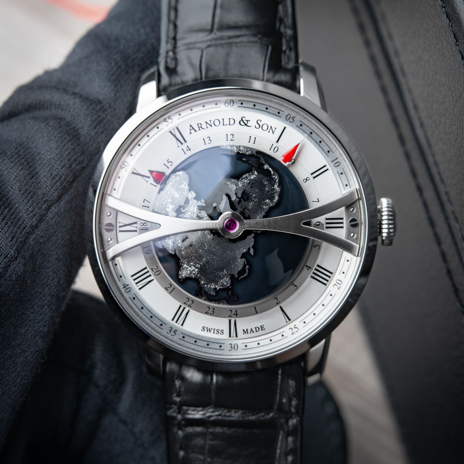 Arnold & Son Globetrotter Night UNWORN Limited Edition GMT Silver Dial Steel Black Leather