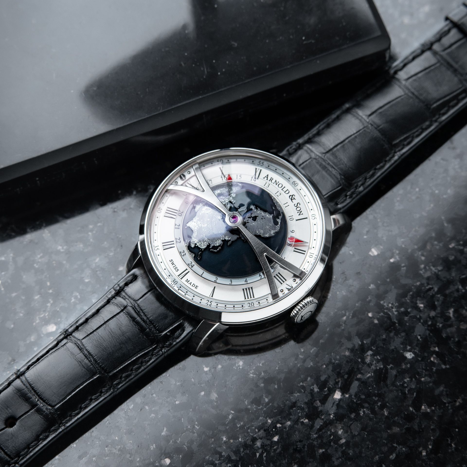 Arnold & Son Globetrotter Night UNWORN Limited Edition GMT Silver Dial Steel Black Leather