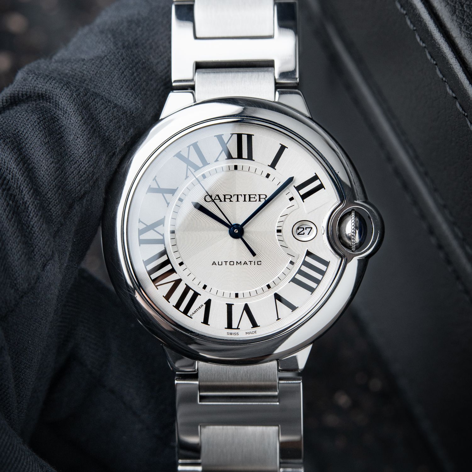 Cartier Ballon Bleu De Cartier 42 Date Steel Bracelet Silver Guilloche