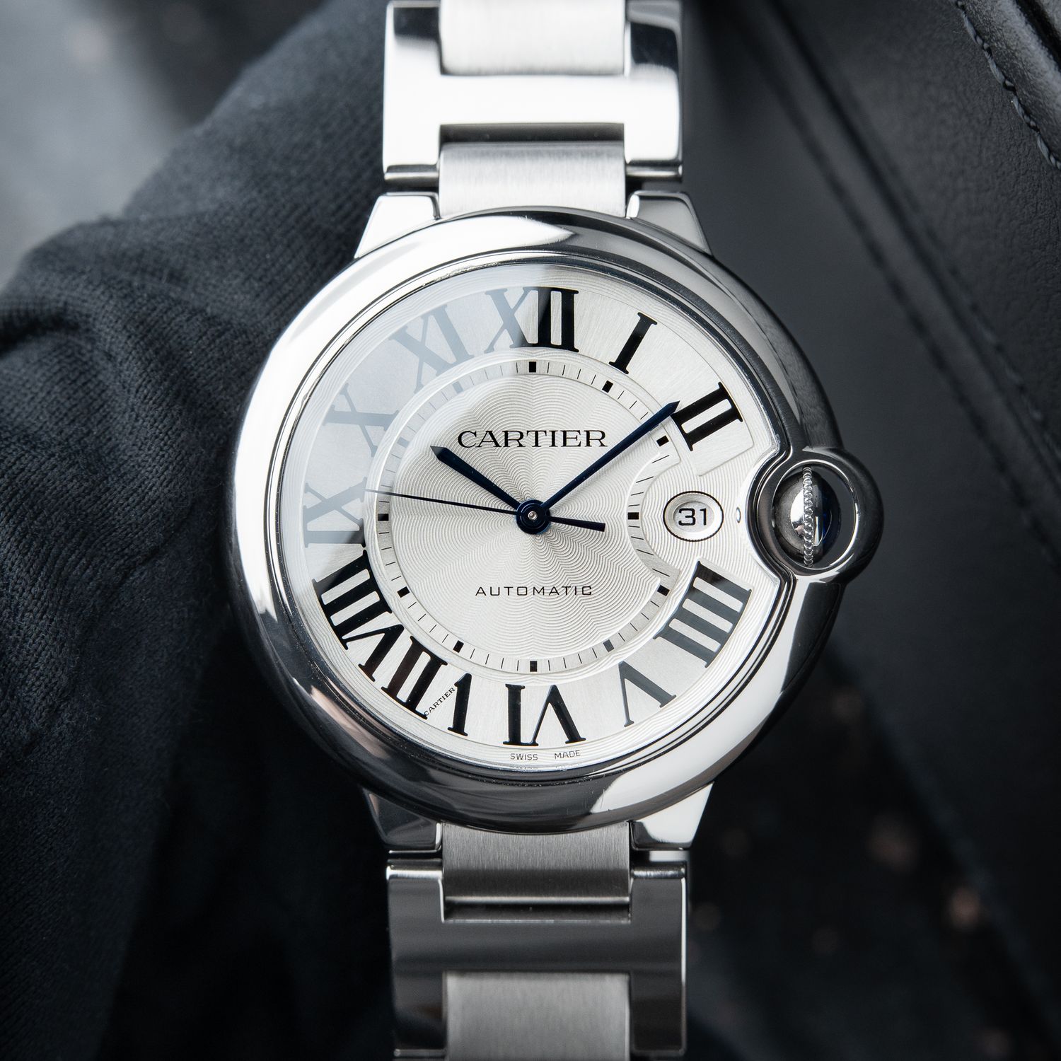 Cartier Ballon Bleu De Cartier 42 Date Steel Bracelet Silver Guilloche Automatic