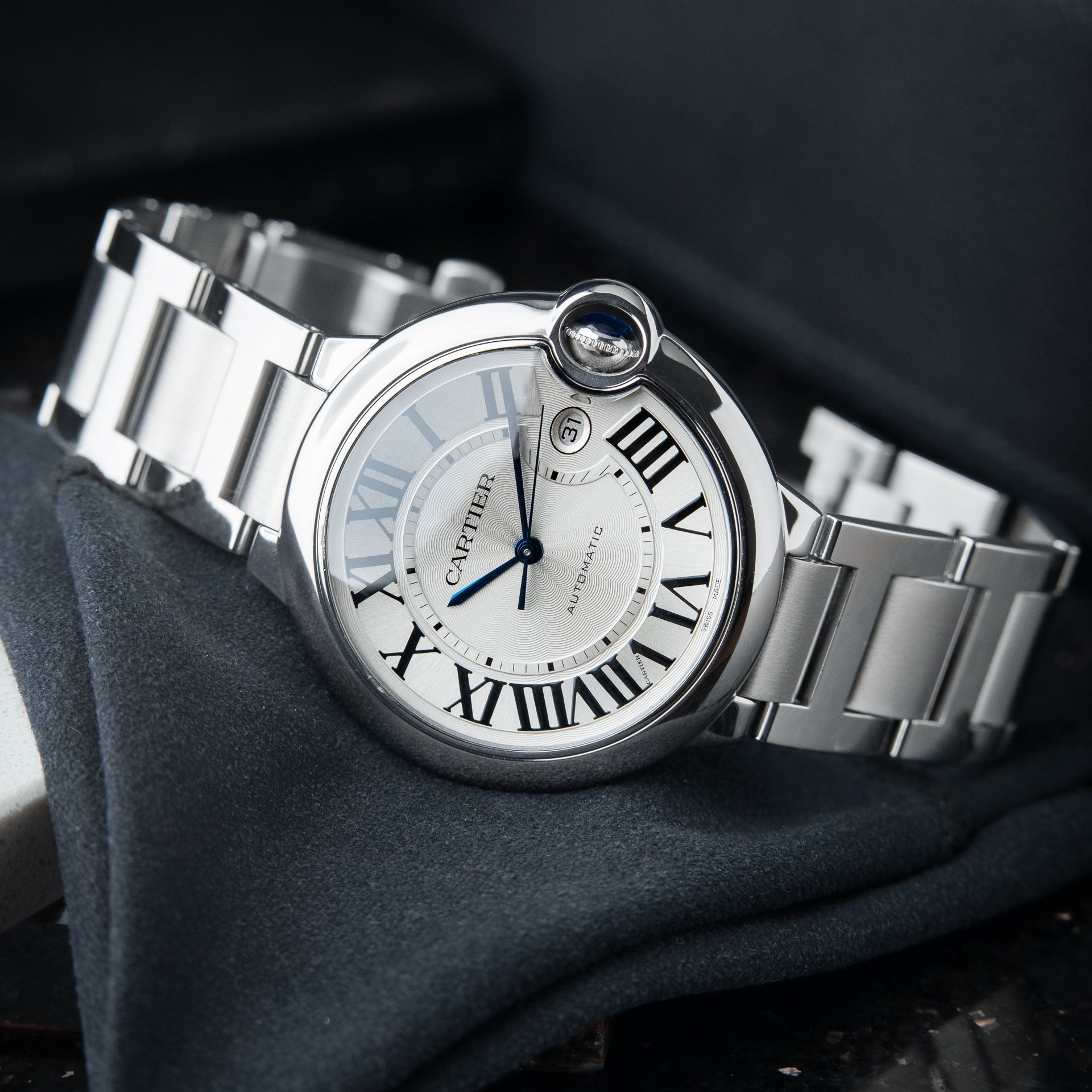 Cartier Ballon Bleu De Cartier 42 Date Steel Bracelet Silver Guilloche Automatic