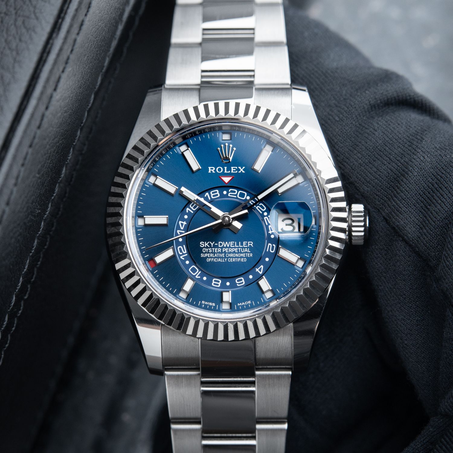 Rolex Sky-Dweller Blue Dial Steel Oyster Bracelet White Gold Bezel