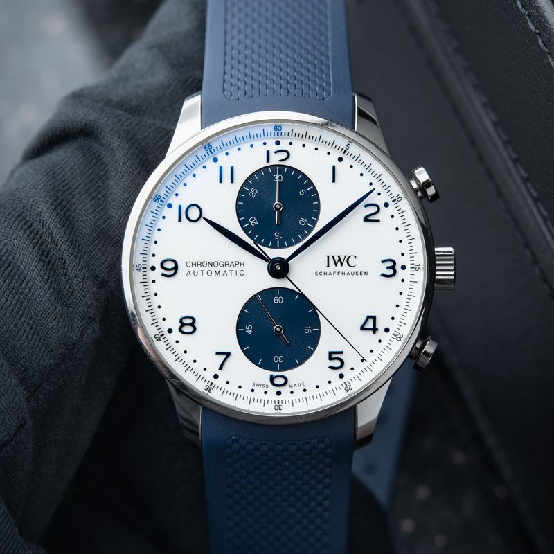 IWC Portugieser Chronograph White Blue Dial Strap Steel Automatic Set 41mm