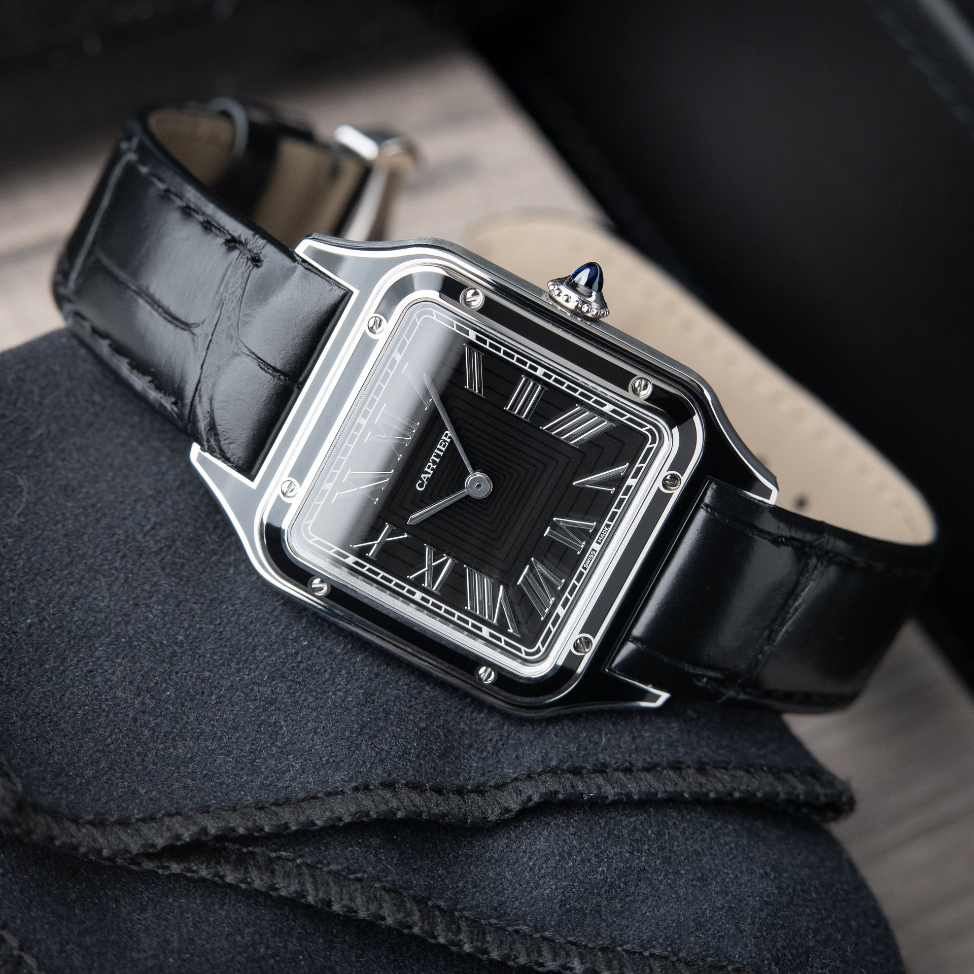 Cartier Santos Dumont CLEAN Large Model Black Dial Lacquer Steel Leather