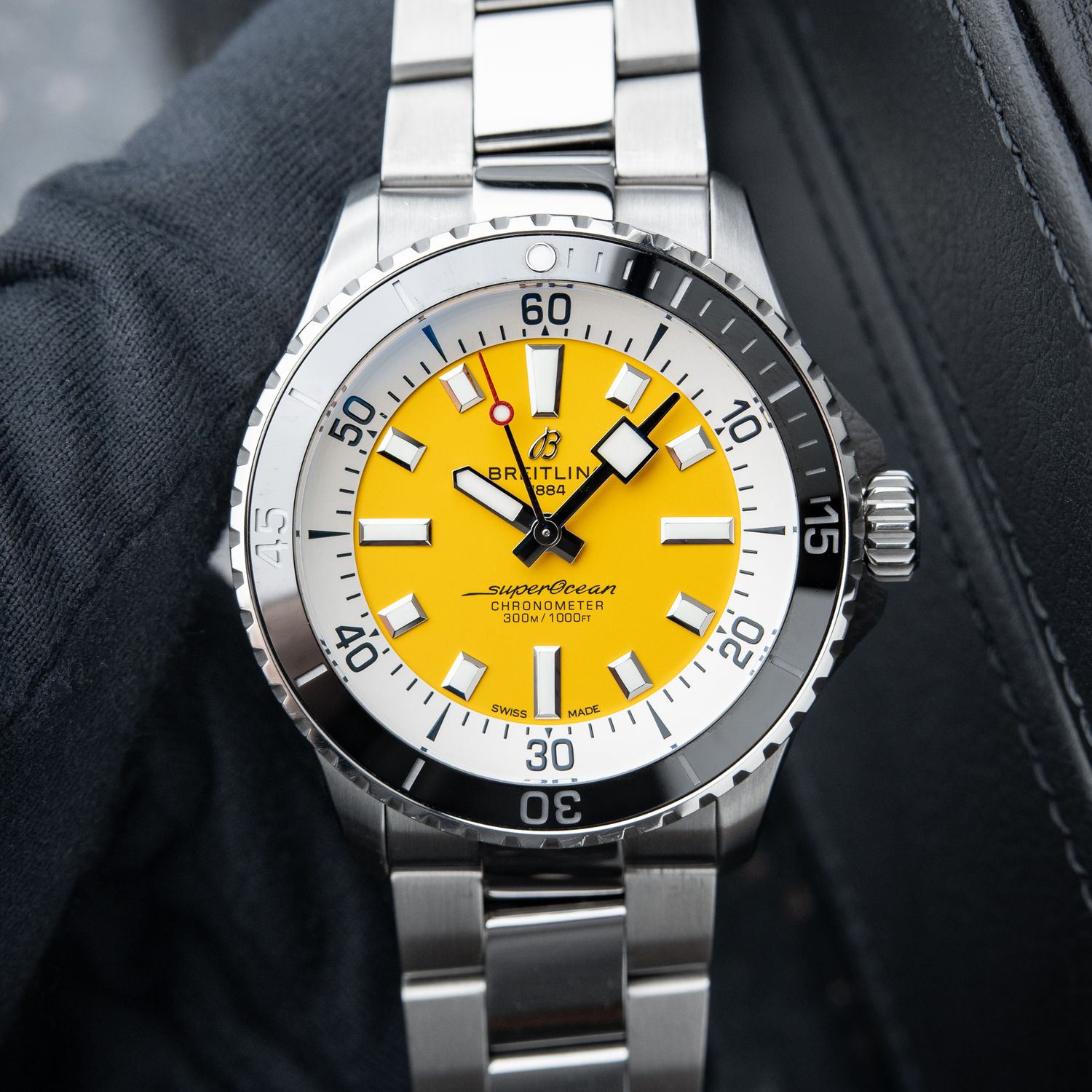 Breitling Superocean 42mm 300M Yellow Dial Steel Bracelet A17375 Automatic