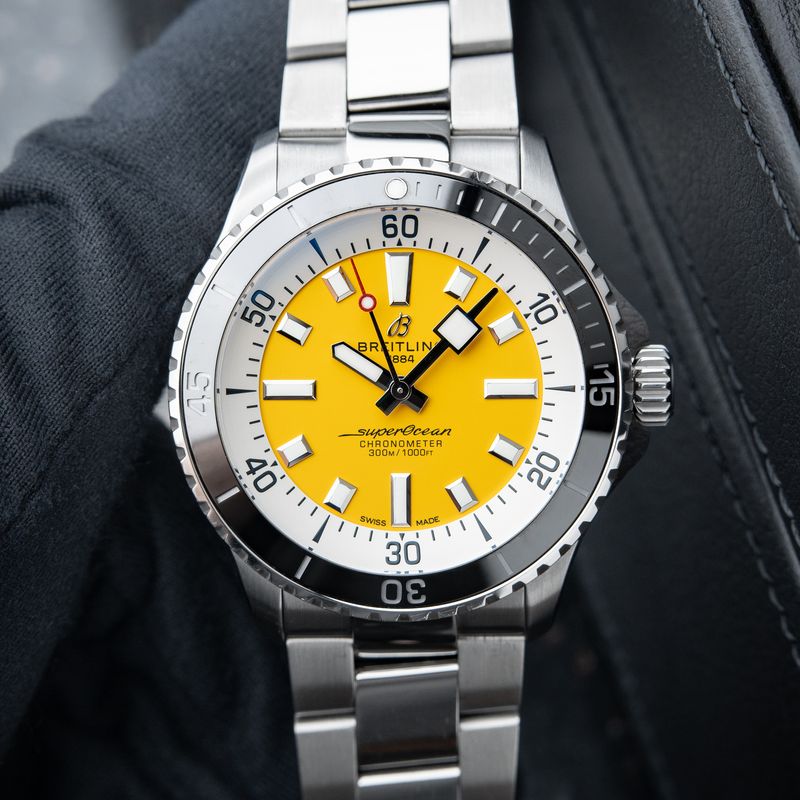 Breitling Superocean 42mm 300M Yellow Dial Steel Bracelet A17375 Automatic