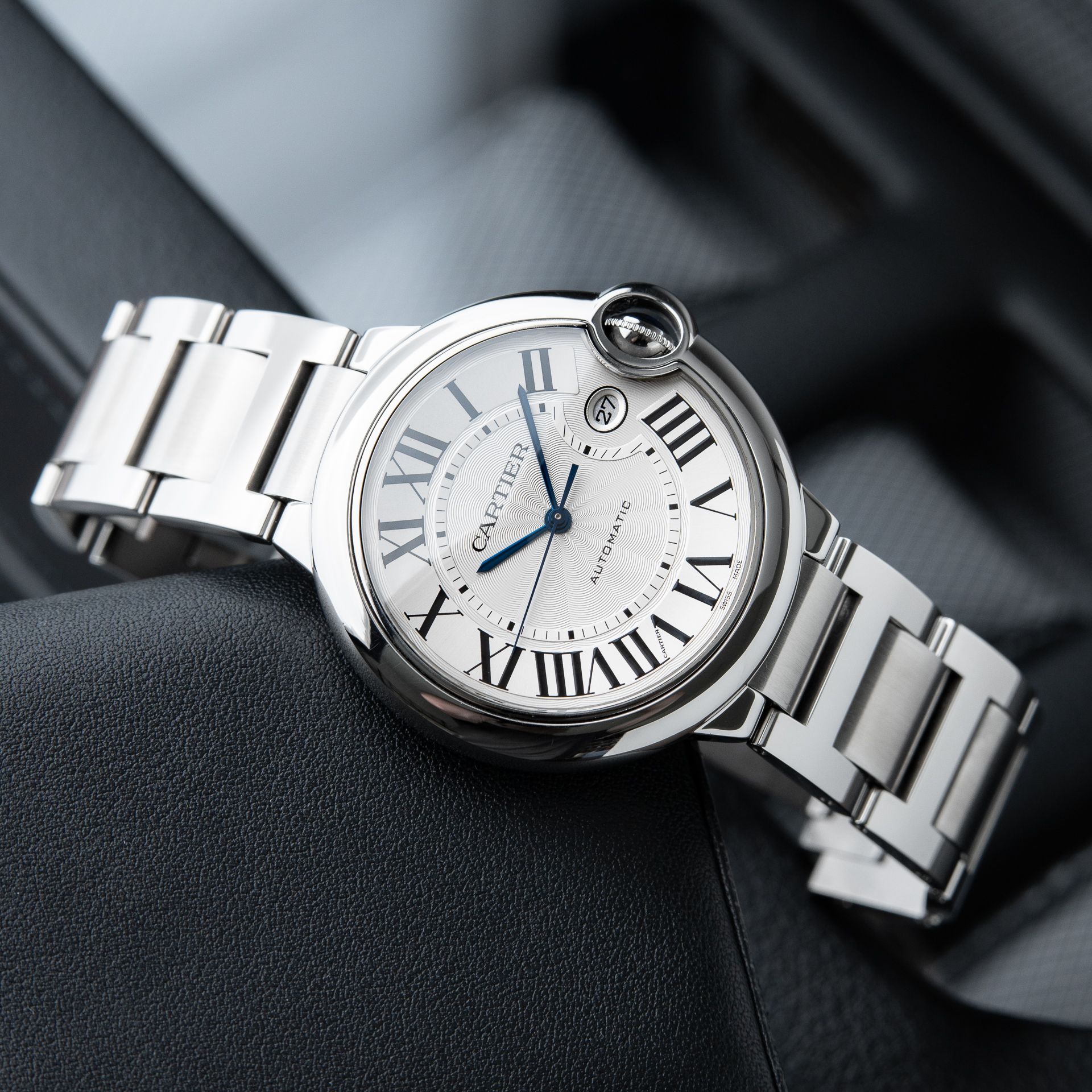 Cartier Ballon Bleu De Cartier 42 Date Steel Bracelet Silver Guilloche Automatic