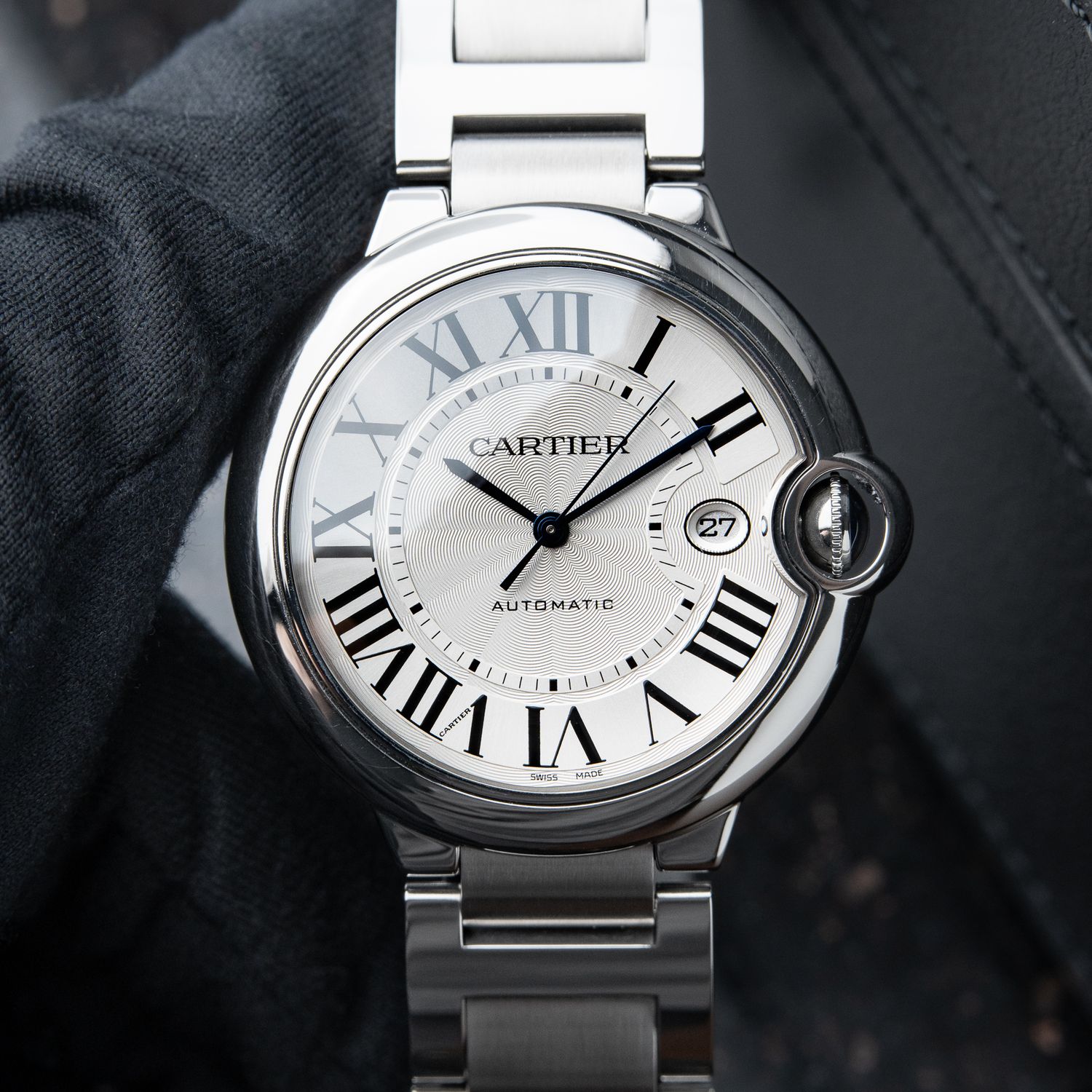 Cartier Ballon Bleu De Cartier 42 Date Steel Bracelet Silver Guilloche Automatic