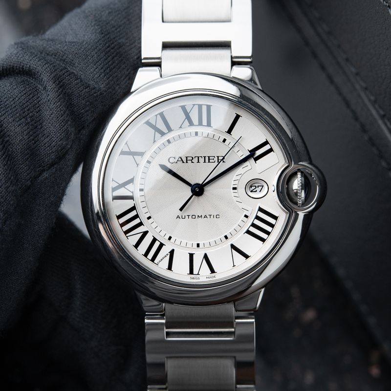 Cartier Ballon Bleu De Cartier 42 Date Steel Bracelet Silver Guilloche Automatic