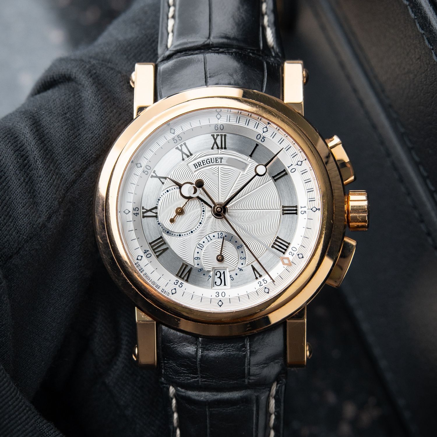 Breguet Marine 5827BR Chronograph Rose Gold Silver Dial Leather Automatic