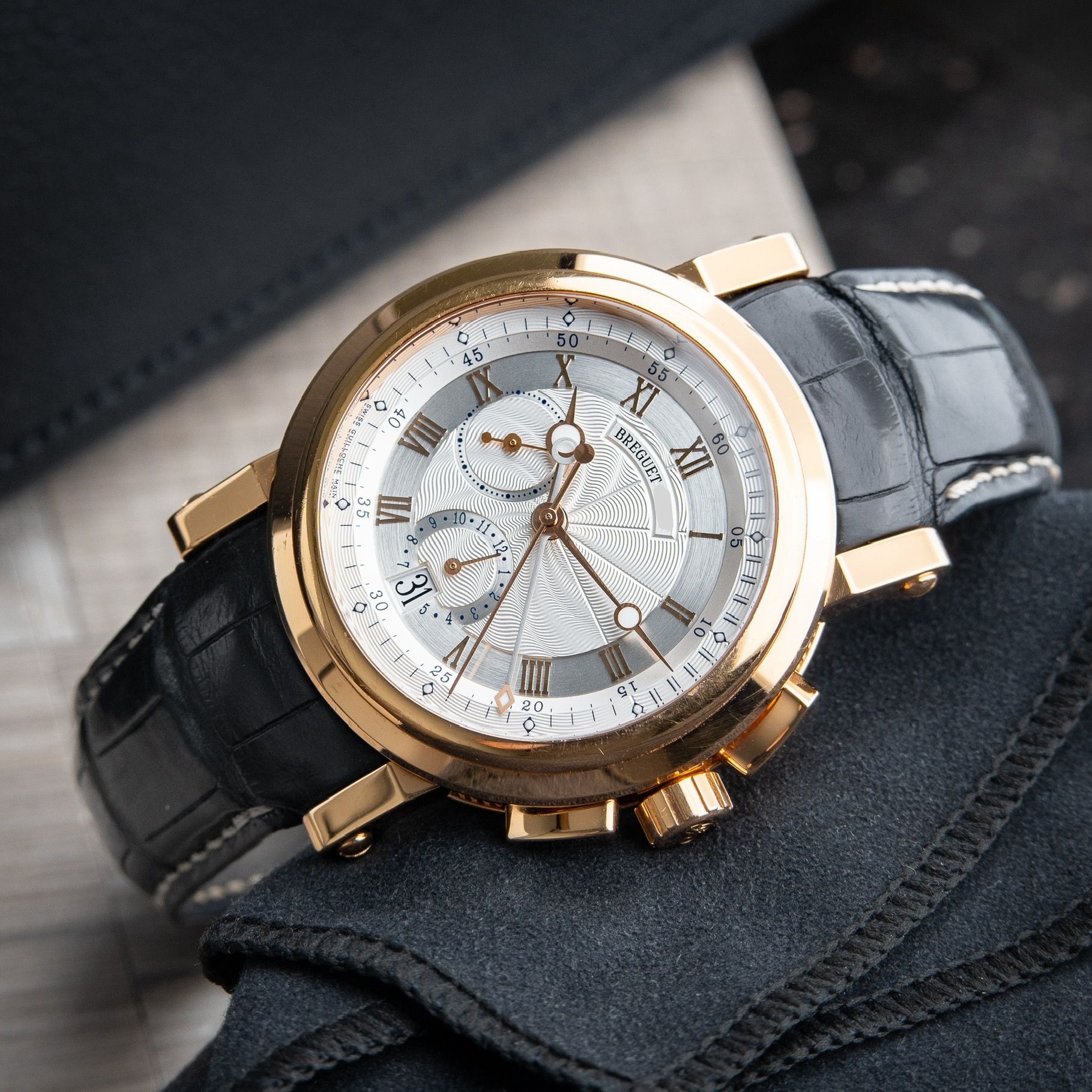 Breguet Marine 5827BR Chronograph Rose Gold Silver Dial Leather Automatic