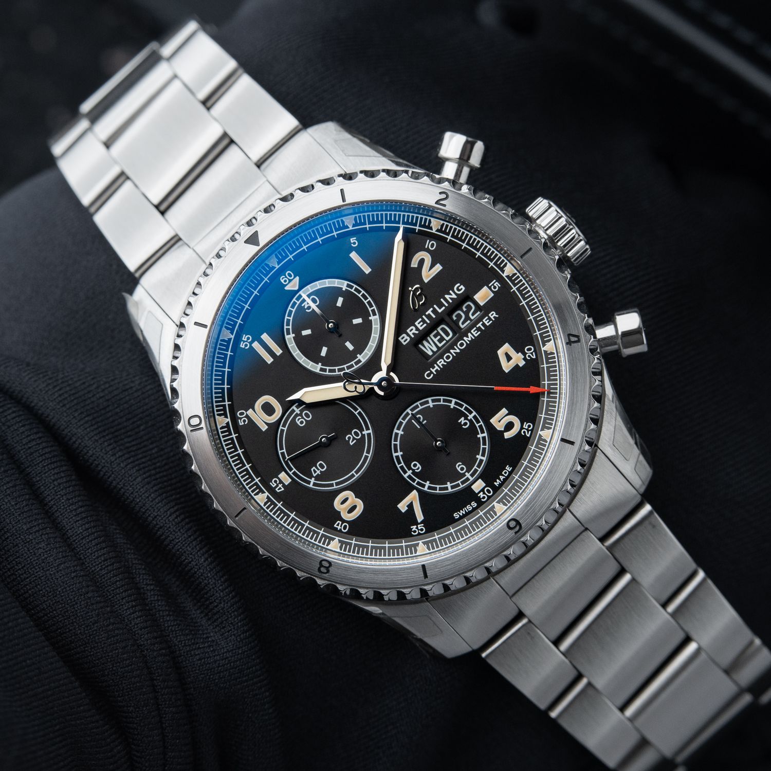 Breitling Aviator 8 UNWORN Chronograph Day Date Black Dial Steel