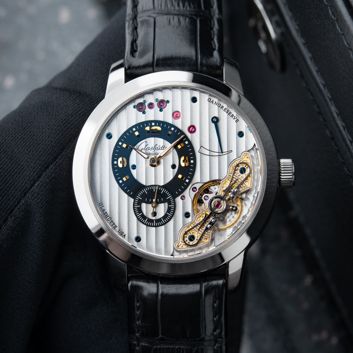 Glashutte Original Panoinverse XL RARE White Gold Silver Steel Leather 42