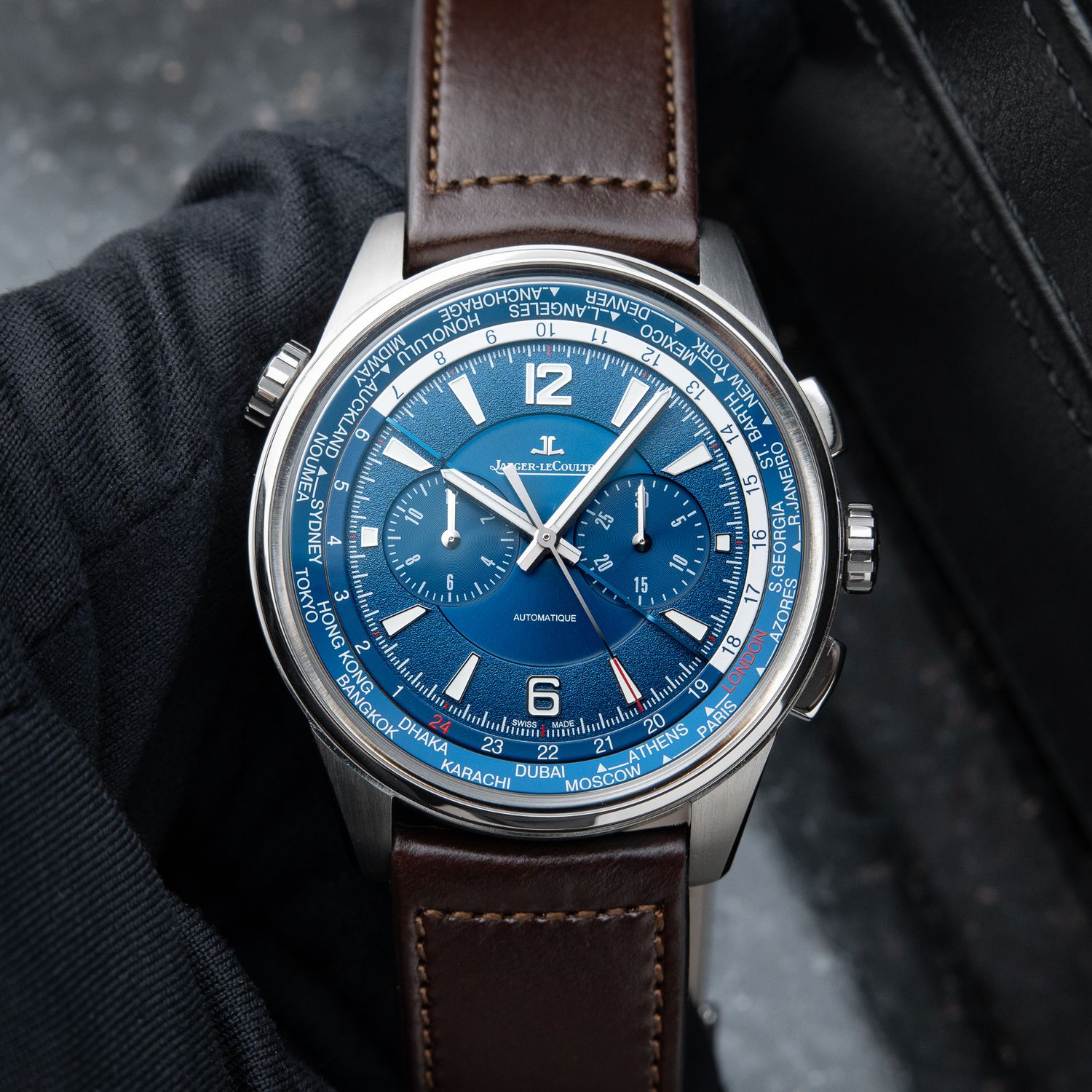 Jaeger-LeCoultre Polaris Chronograph Worldtimer Titanium Leather Blue Dial