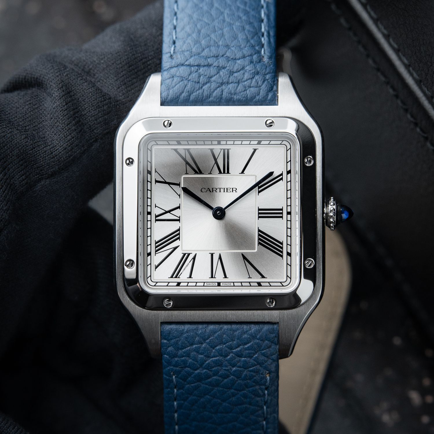 Cartier Santos Dumont XL Extra Large SERVICED Silver Dial Steel Leather