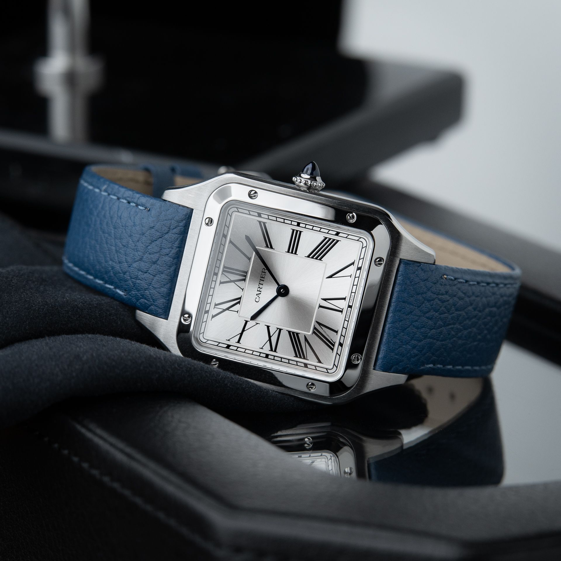 Cartier Santos Dumont XL Extra Large SERVICED Silver Dial Steel Leather