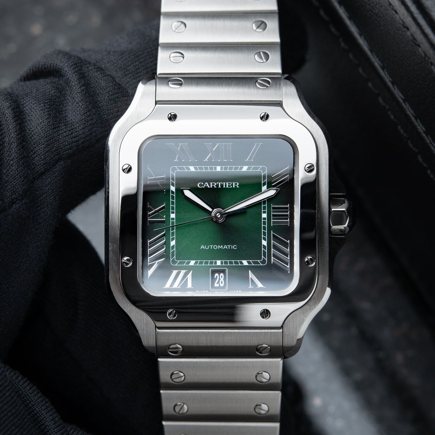 Cartier Santos De Cartier Large Model Green Dial Leather Steel Bracelet