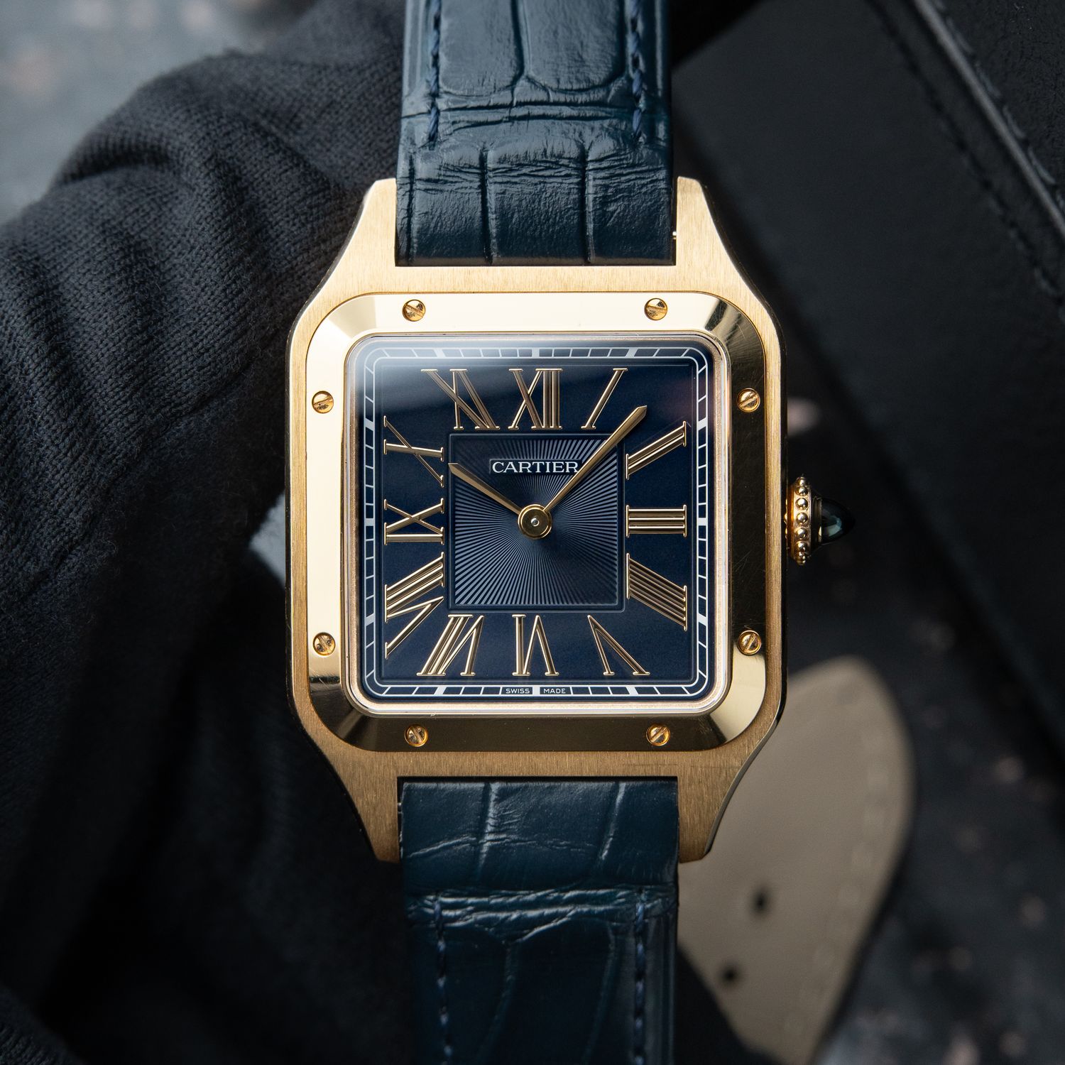 Cartier Santos Dumont Large Yellow Gold Blue Dial Leather 2023 Set