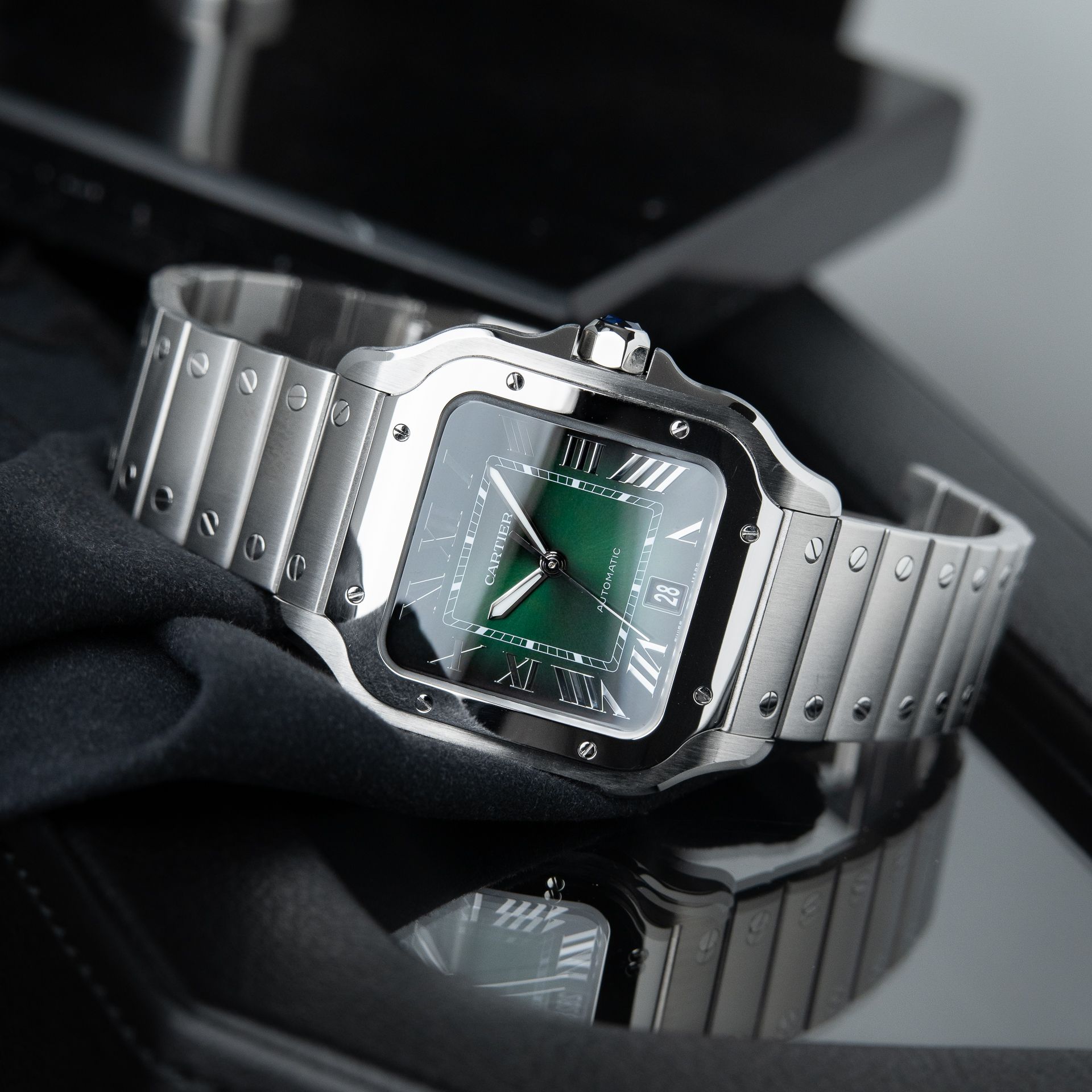 Cartier Santos De Cartier Large Model Green Dial Leather Steel Bracelet