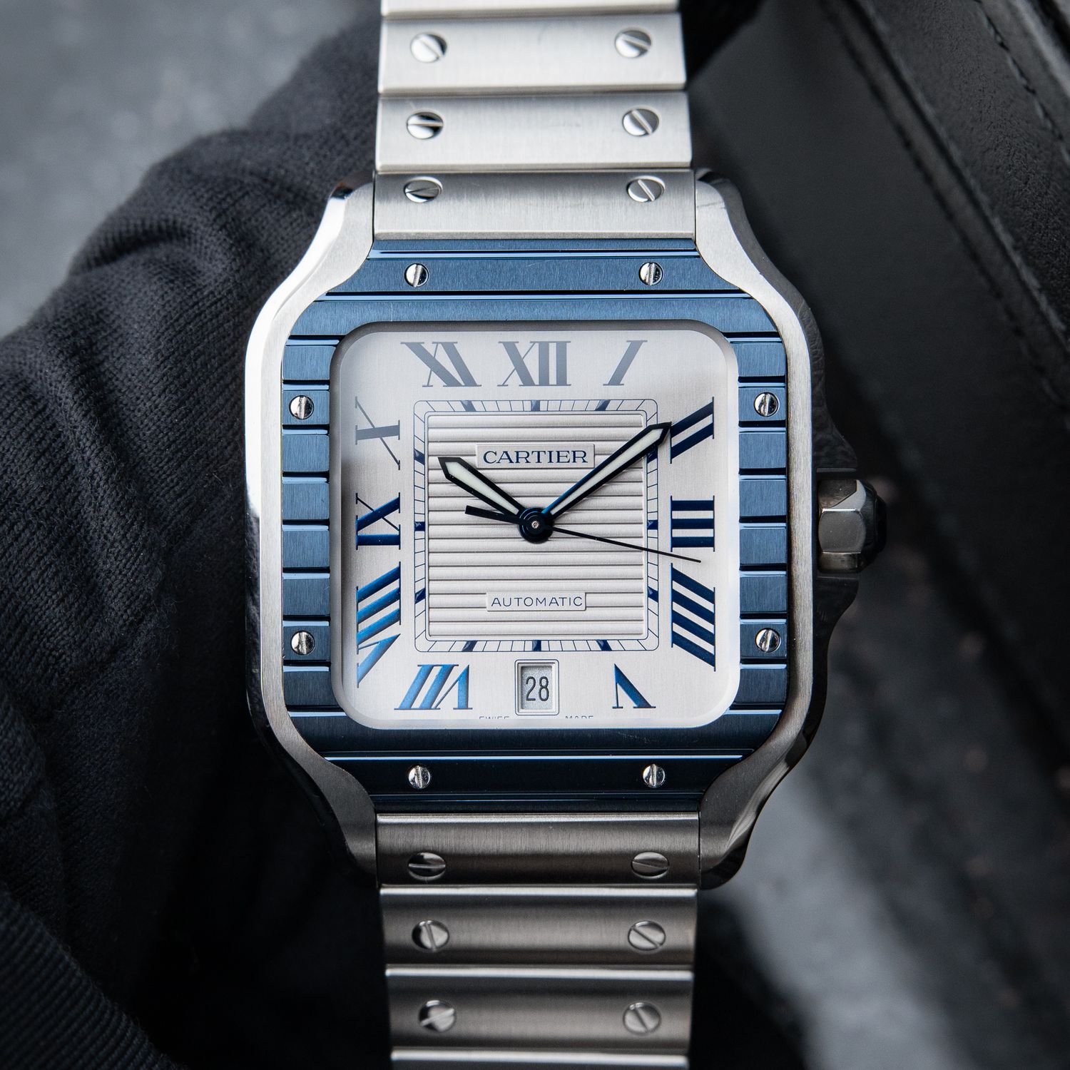 Cartier Santos De Cartier Large Model Blue PVD Bezel Silver Dial Bracelet