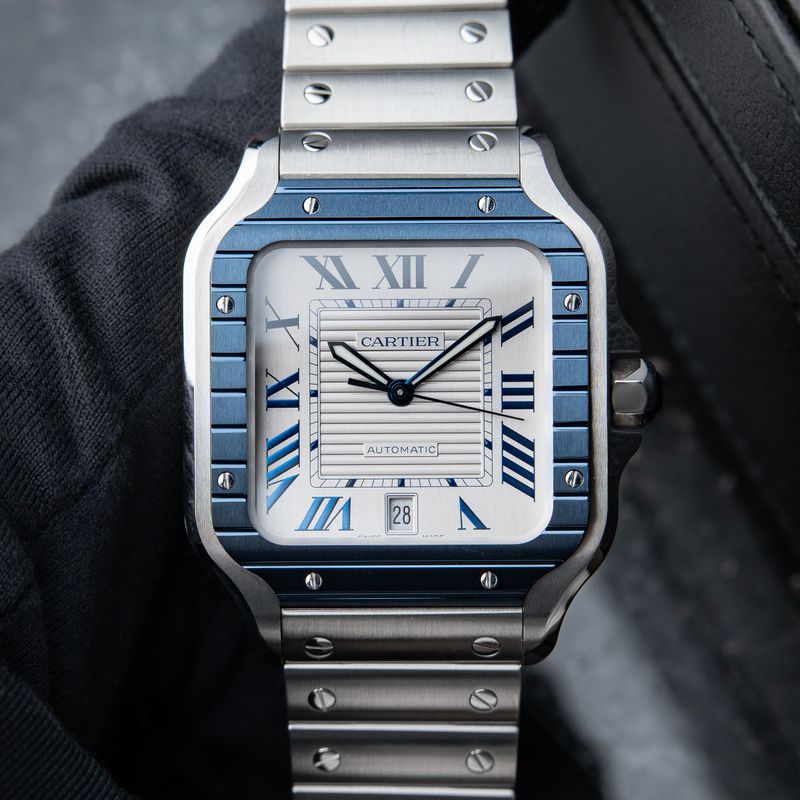Cartier Santos De Cartier Large Model Blue PVD Bezel Silver Dial Bracelet