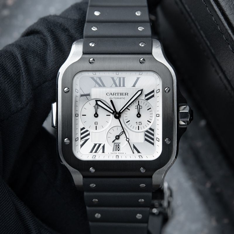 Cartier Santos De Cartier XL Large Chronograph ADLC Steel Silver Dial Set