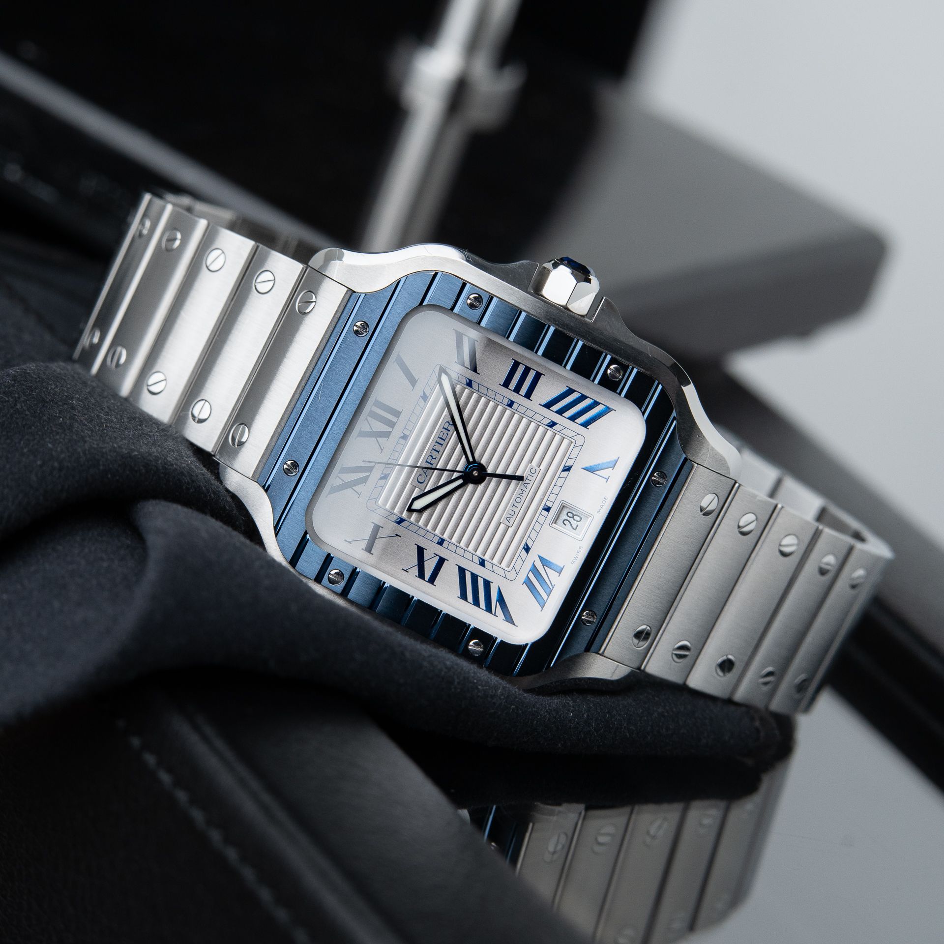 Cartier Santos De Cartier Large Model Blue PVD Bezel Silver Dial Bracelet
