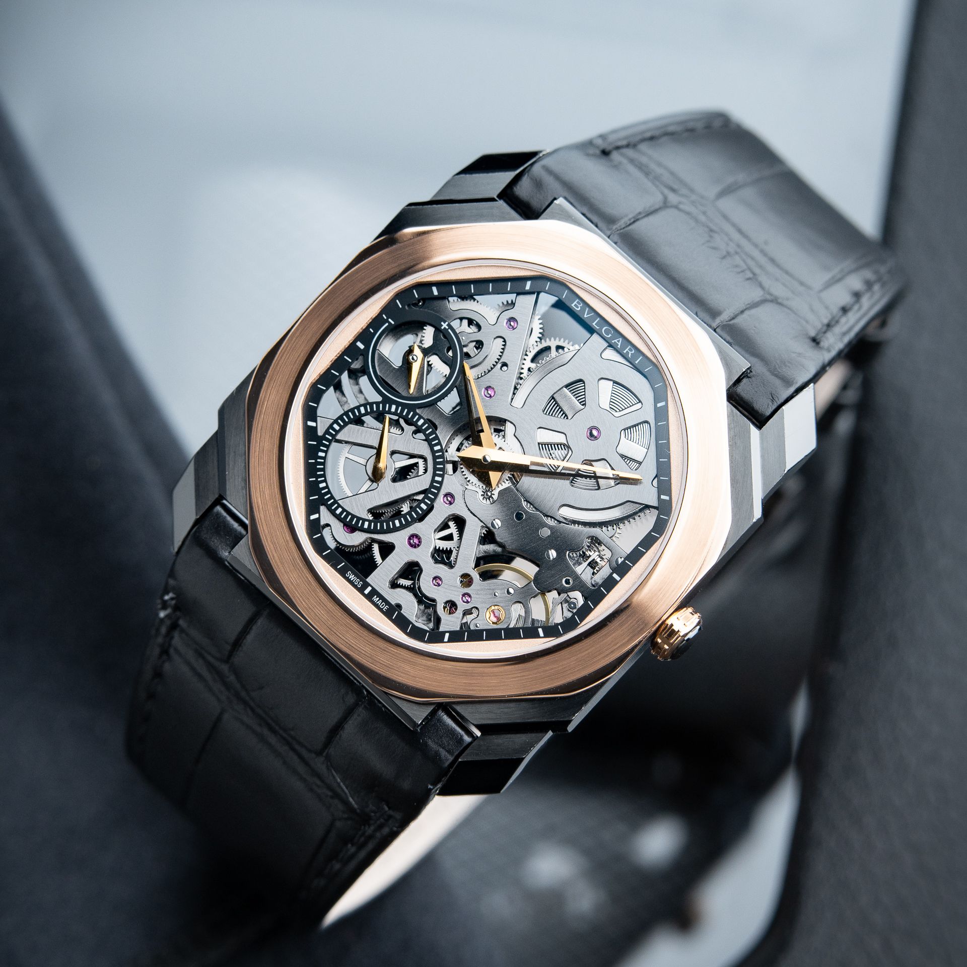 BVLGARI Bulgari Octo Finissimo Skeleton Ultra Thin DLC Steel Rose Gold Leather 40