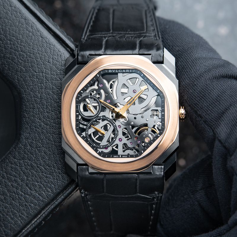 BVLGARI Bulgari Octo Finissimo Skeleton Ultra Thin DLC Steel Rose Gold Leather 40