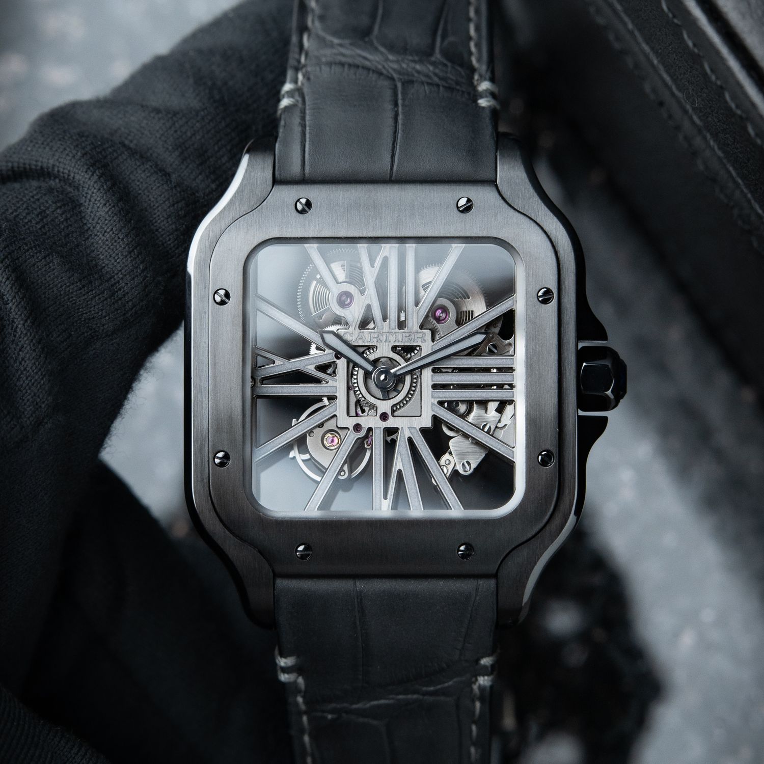 Cartier Santos De Cartier Large Model 2 STRAPS ADLC Steel Skeleton Leather