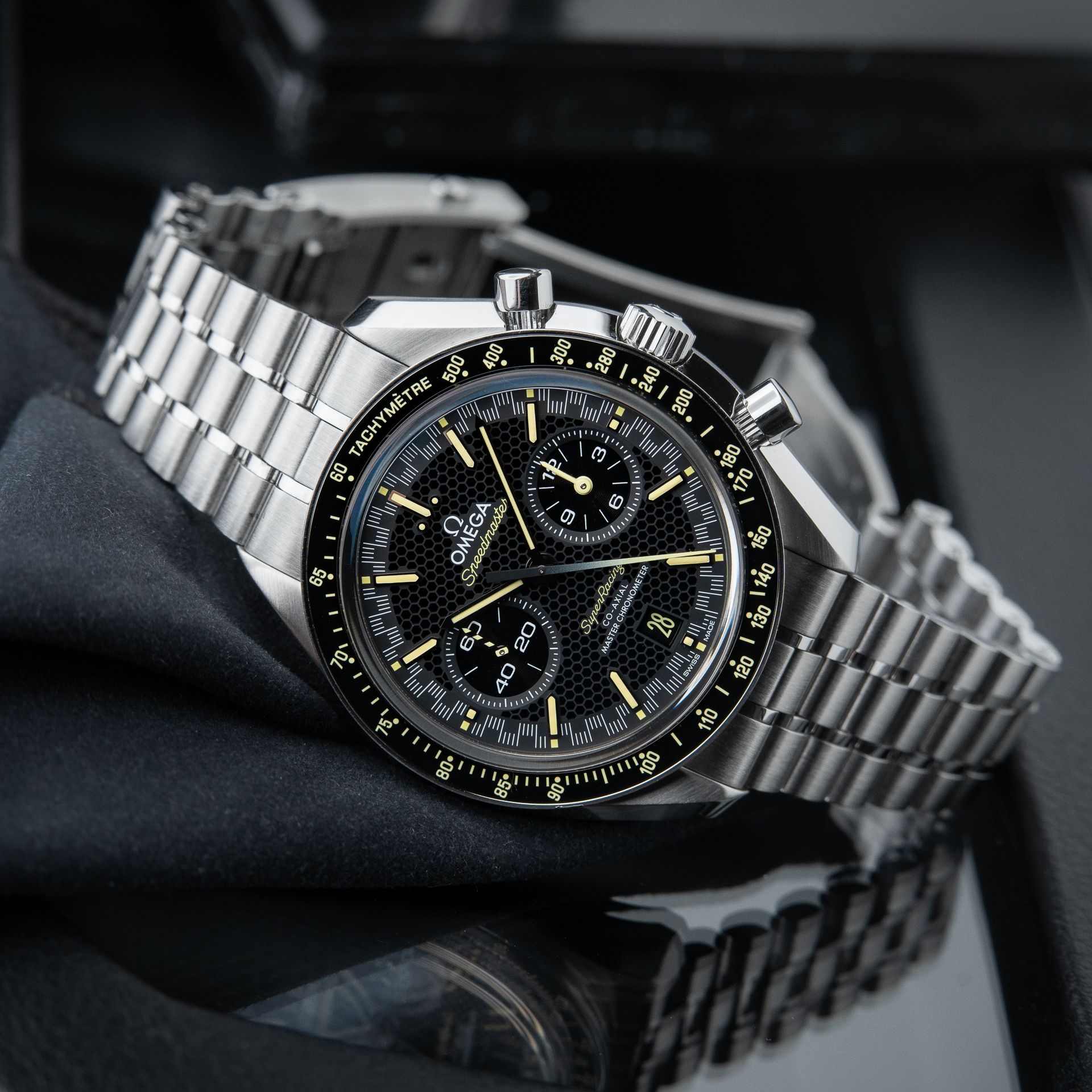 Omega Speedmaster Super Racing Chronograph Steel Bracelet NATO Black Dial
