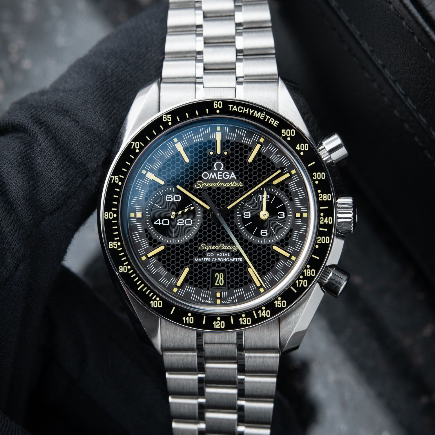 Omega Speedmaster Super Racing Chronograph Steel Bracelet NATO Black Dial