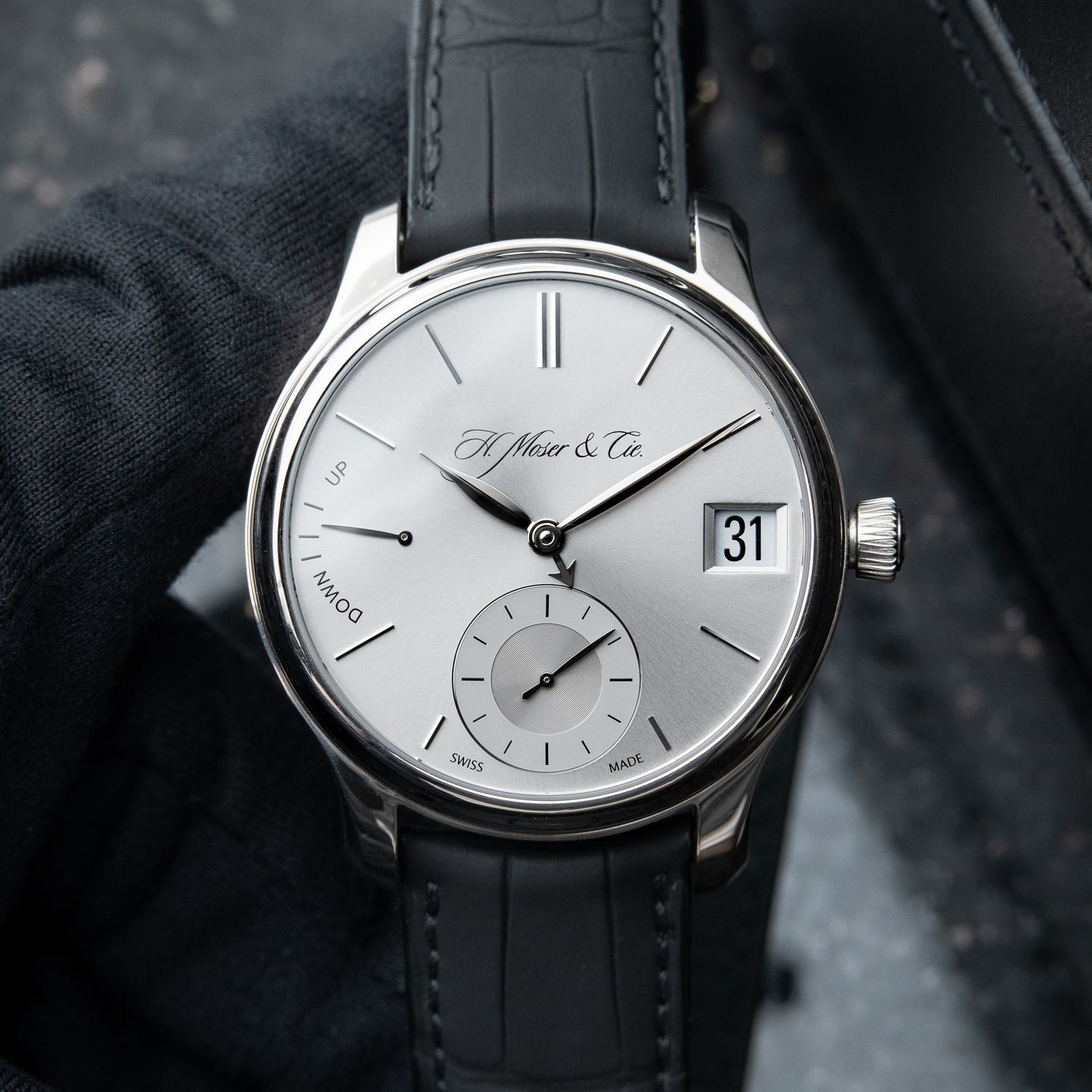 H.Moser & Cie. Endeavour Perpetual Calendar White Gold Silver Dial Leather