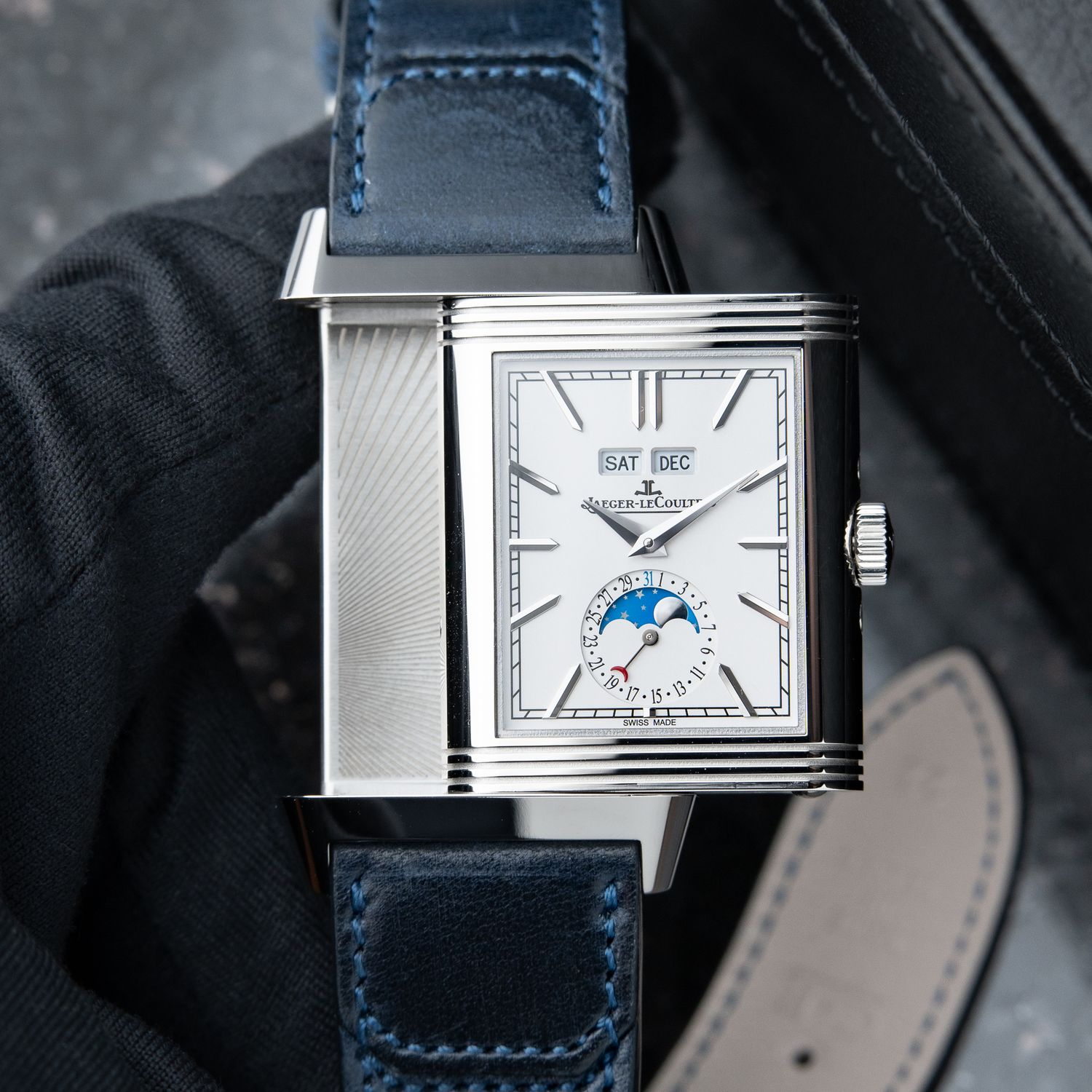 Jaeger-LeCoultre Reverso Tribute Duoface Calendar Moonphase White Blue Set