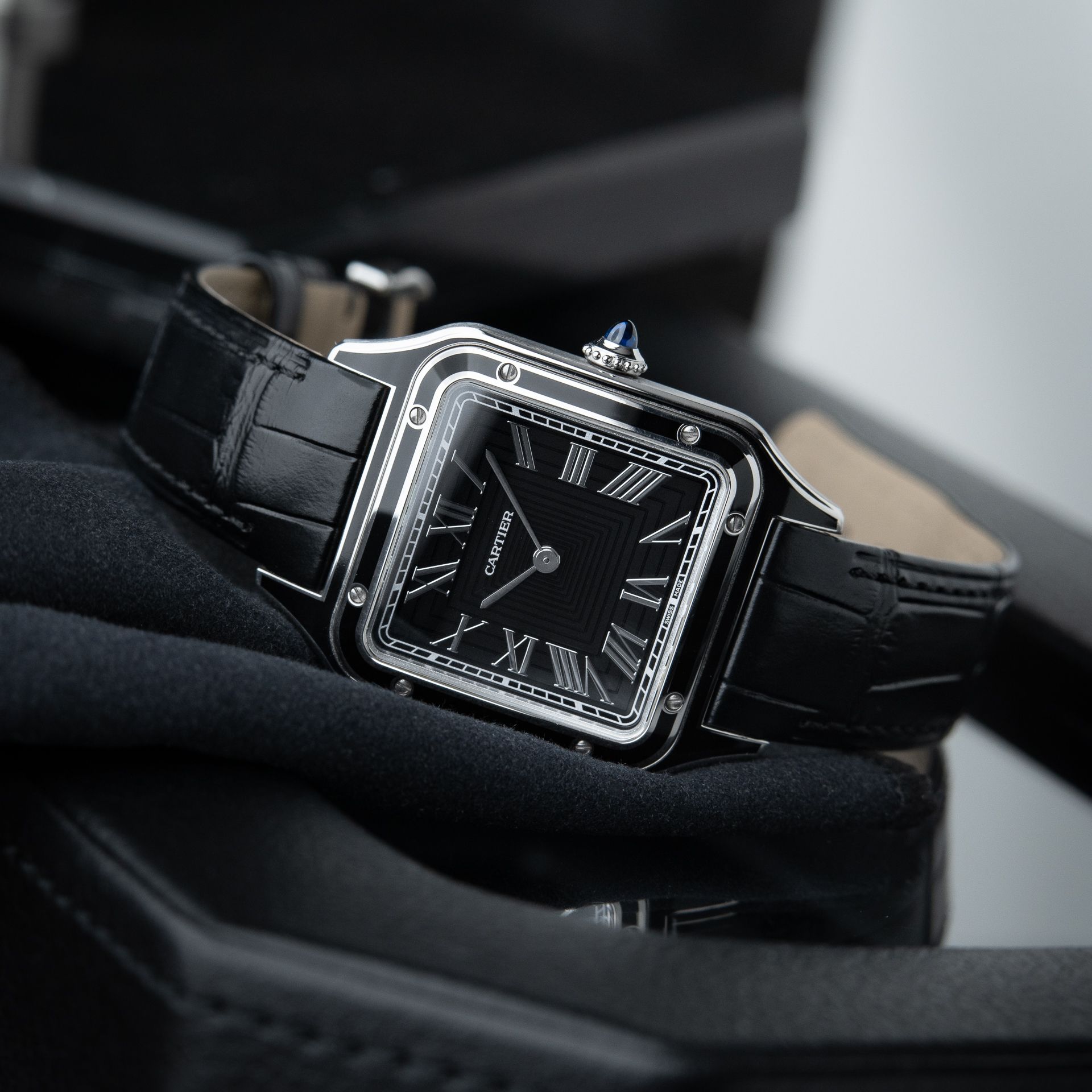 Cartier Santos Dumont CLEAN Large Model Black Dial Lacquer Steel Leather