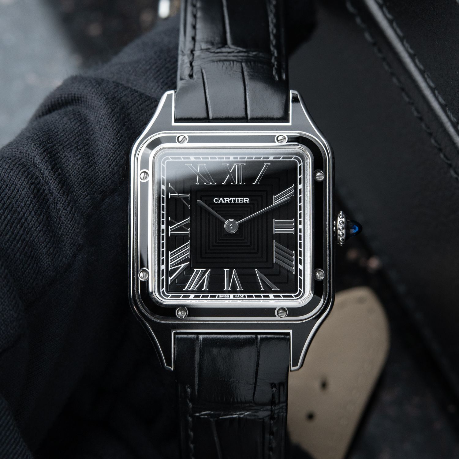 Cartier Santos Dumont CLEAN Large Model Black Dial Lacquer Steel Leather