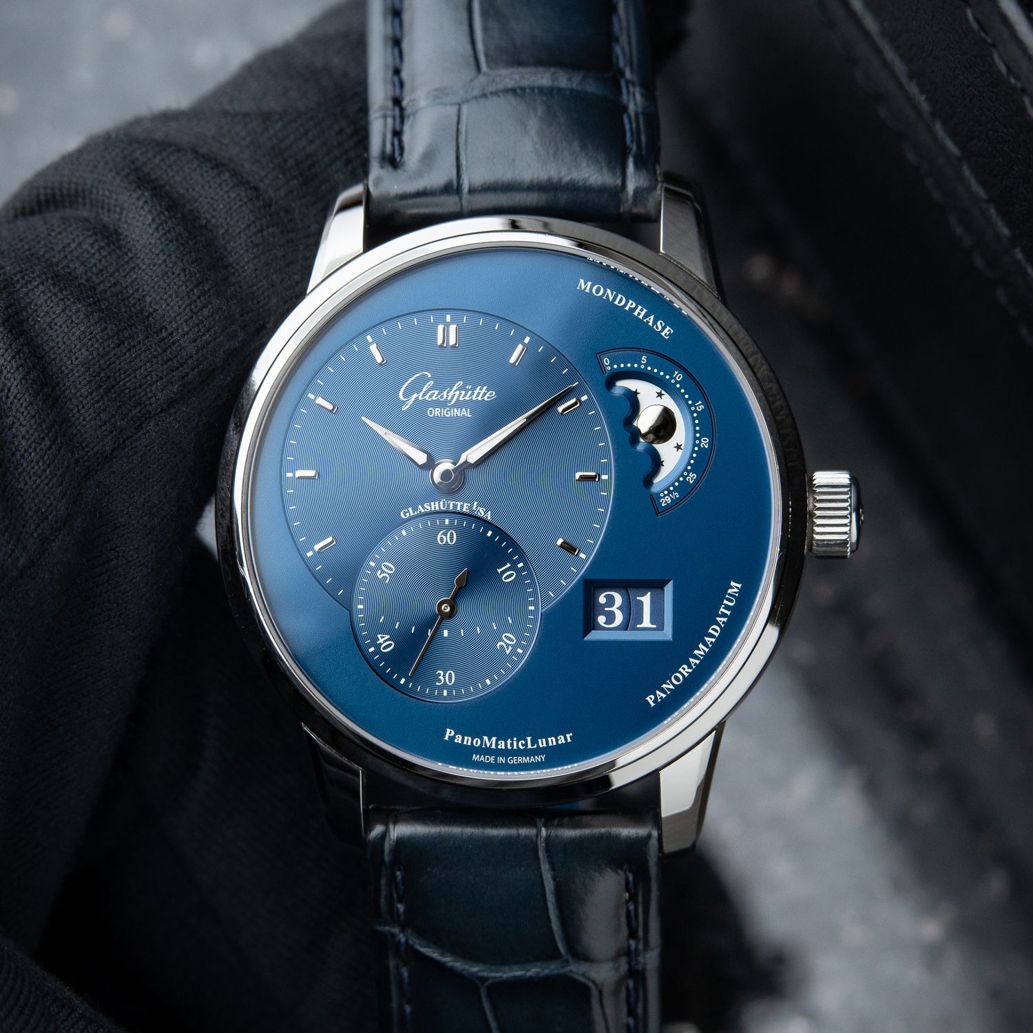 Glashutte Original CLEAN PanoMaticLunar Moon Phase Blue Steel Bracelet 40