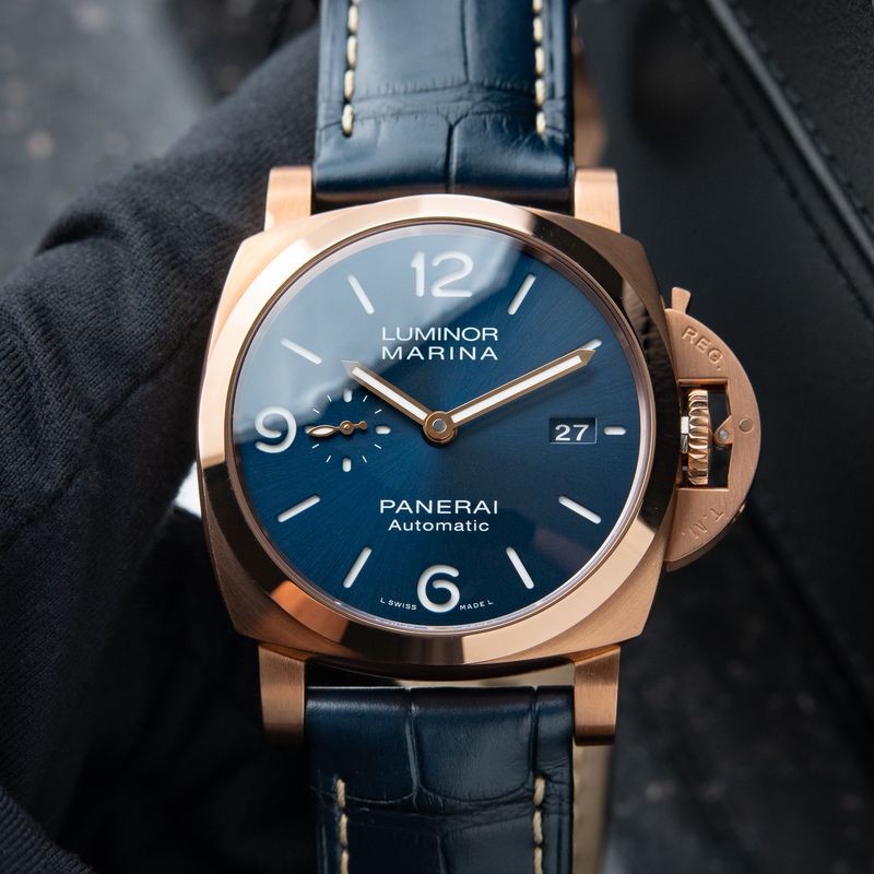 Panerai Luminor Marina Goldtech Sole Blue Dial Rose Gold Pam1112 44mm Date