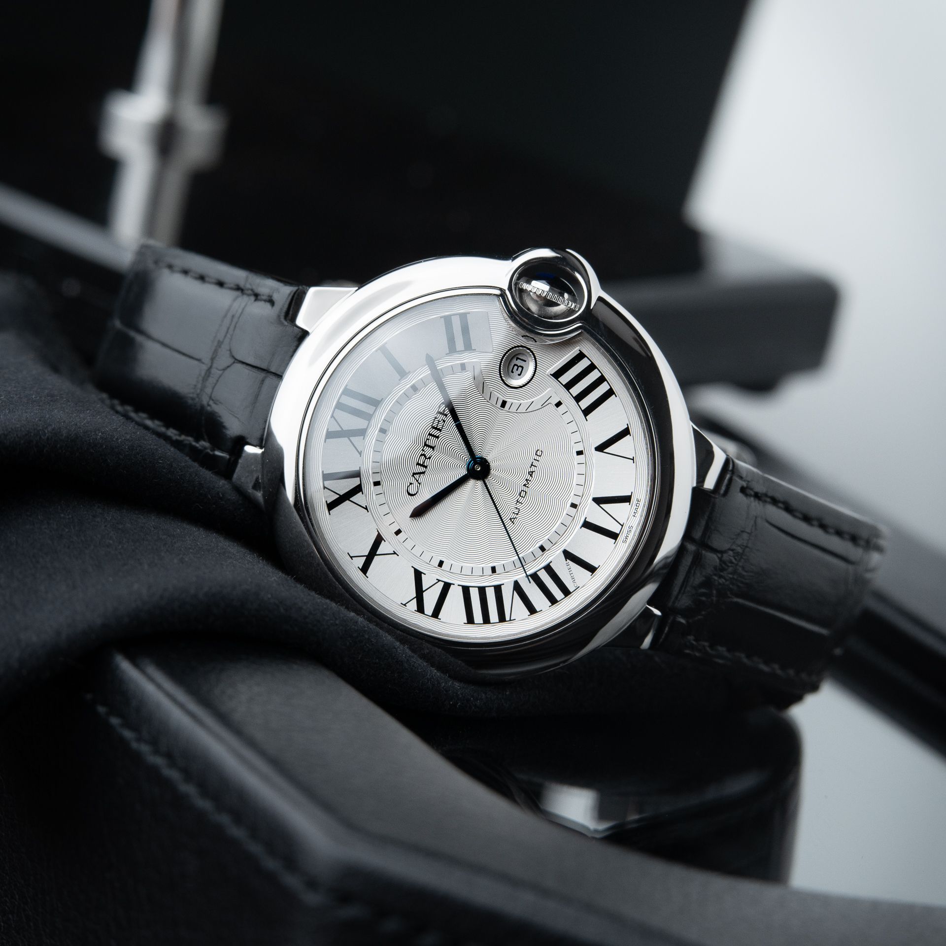 Cartier Ballon Bleu De Cartier 42 Steel Leather Strap Guilloche Automatic