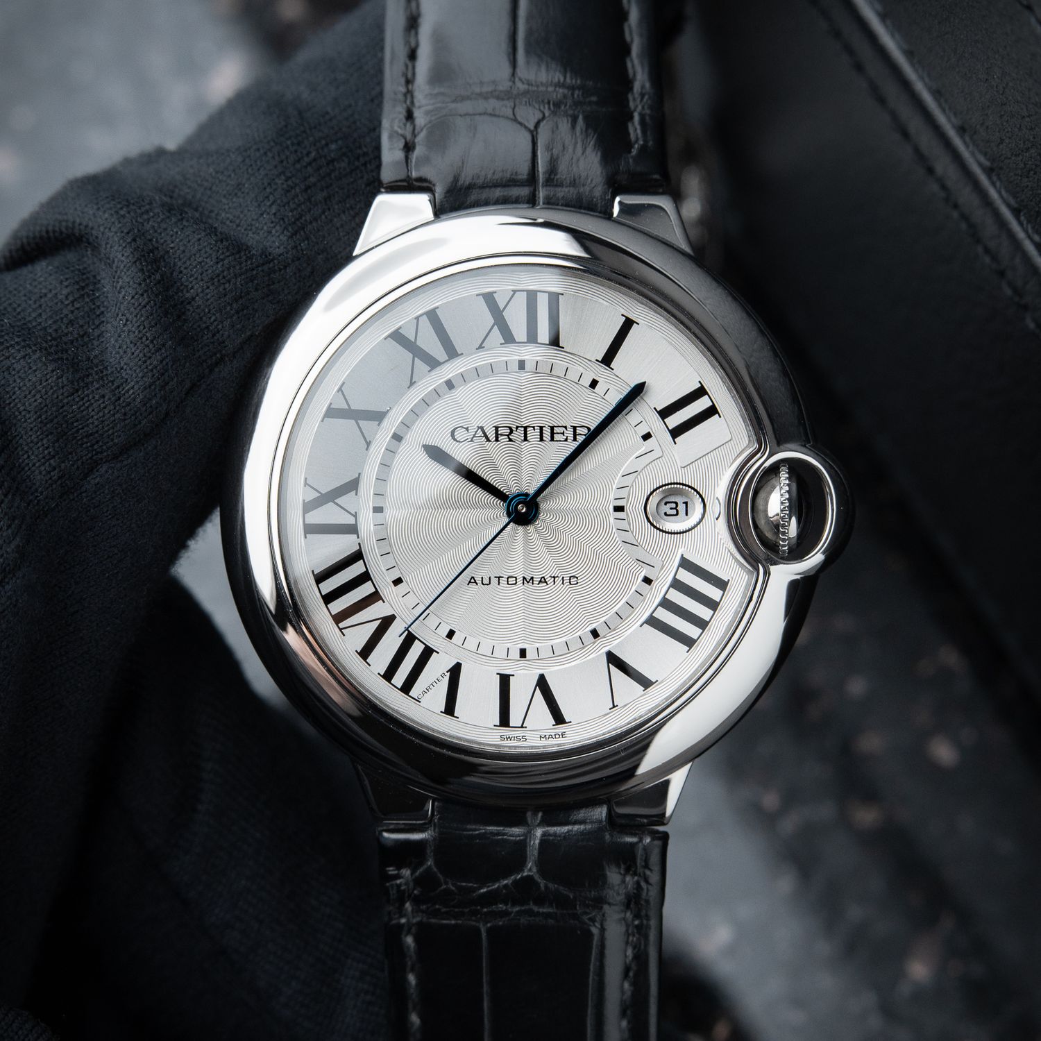 Cartier Ballon Bleu De Cartier 42 Steel Leather Strap Guilloche Automatic
