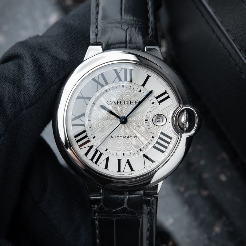 Cartier Ballon Bleu De Cartier 42 Steel Leather Strap Guilloche Automatic