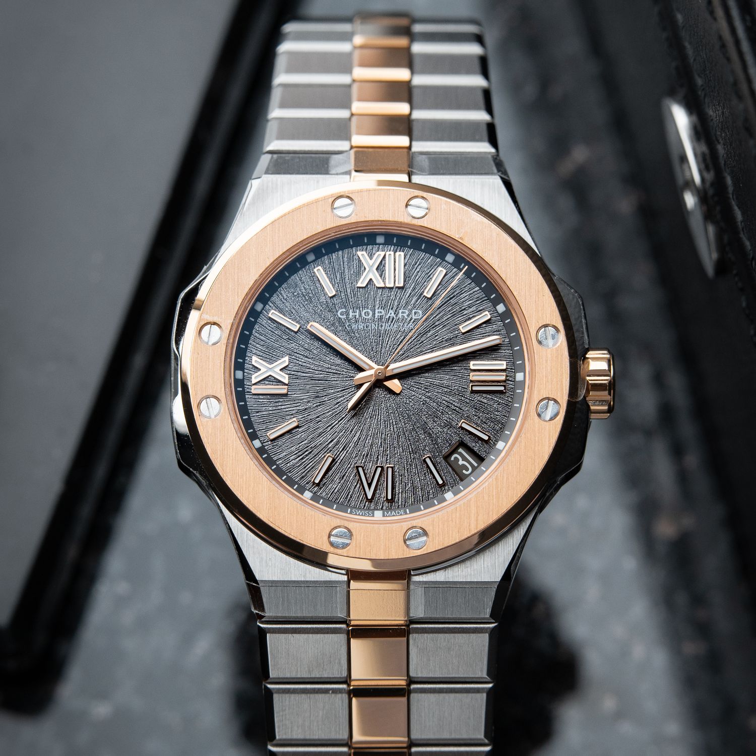 Chopard Alpine Eagle STICKERED 12/2024 Large Two Tone Rose Gold Steel Grey