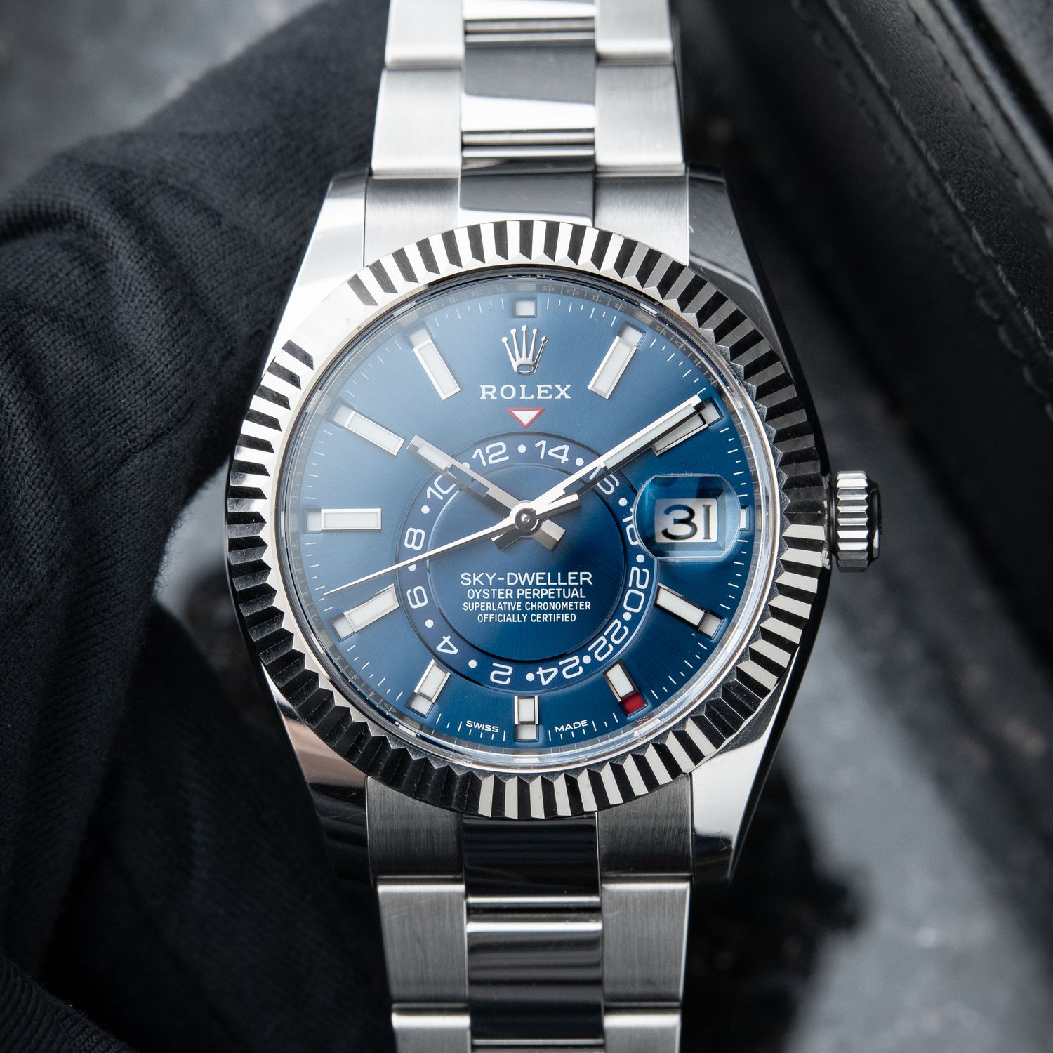 Rolex Sky-Dweller Blue Dial Steel Oyster Bracelet White Gold Bezel