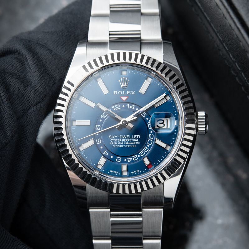 Rolex Sky-Dweller Blue Dial Steel Oyster Bracelet White Gold Bezel