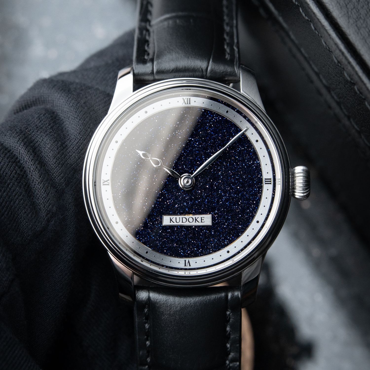 Kudoke Infinity RARE CLEAN Blue Goldstone Aventurine Steel Black Leather