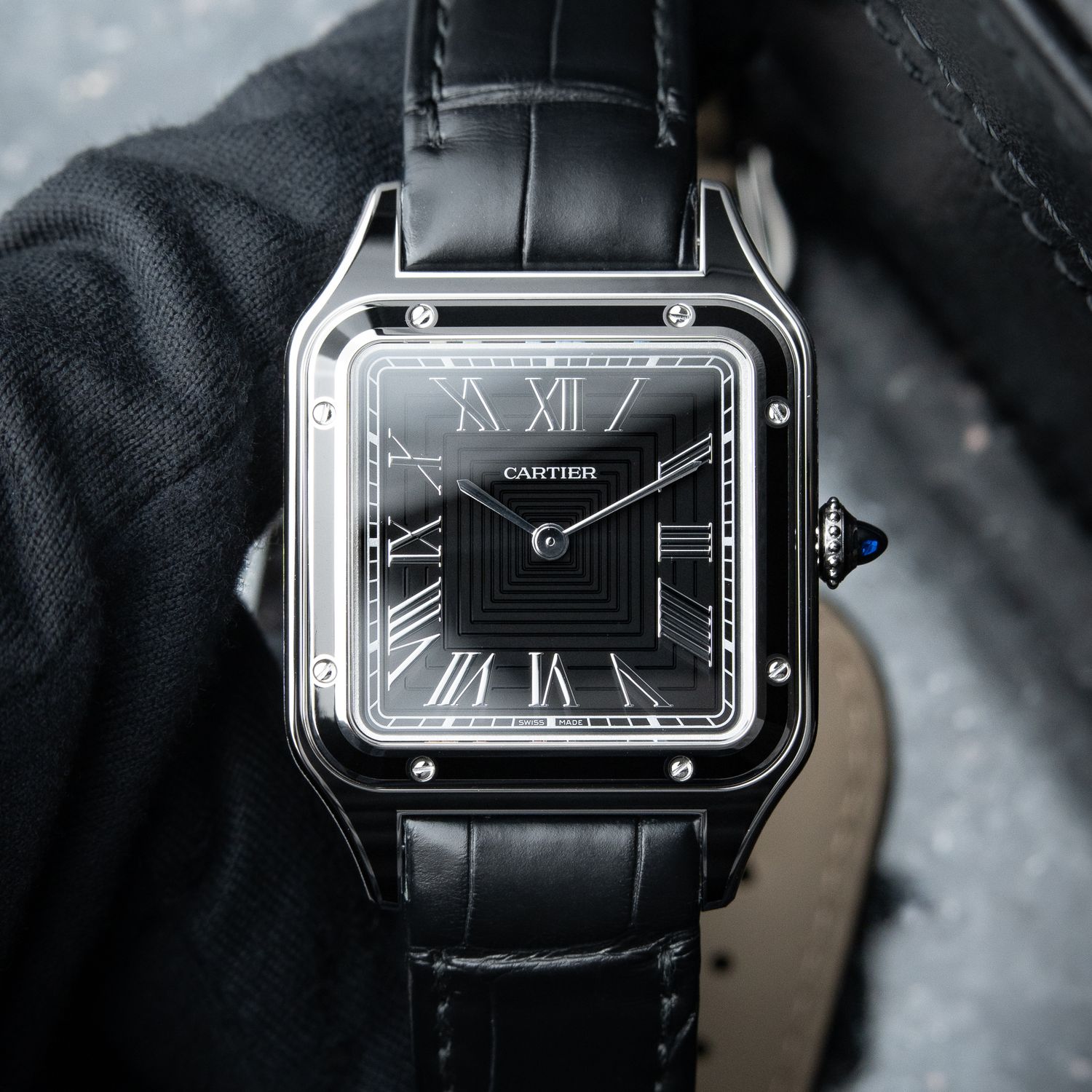 Cartier Santos Dumont BNIB 3/2025 Large Model Black Lacquer Steel Leather
