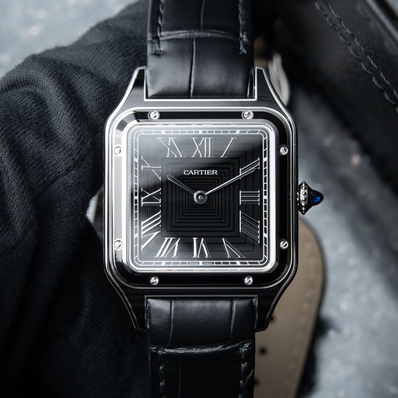 Cartier Santos Dumont BNIB 3/2025 Large Model Black Lacquer Steel Leather