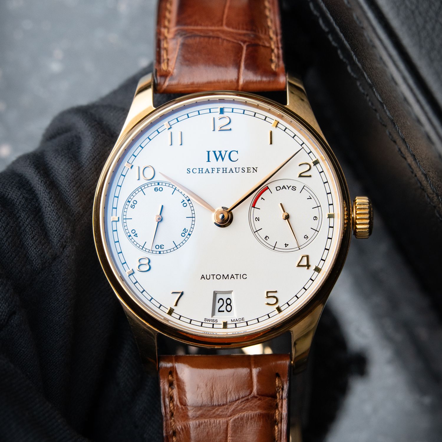 IWC Portugieser 7 Days Rose Gold Silver Dial Leather Automatic 42.3 Portuguese