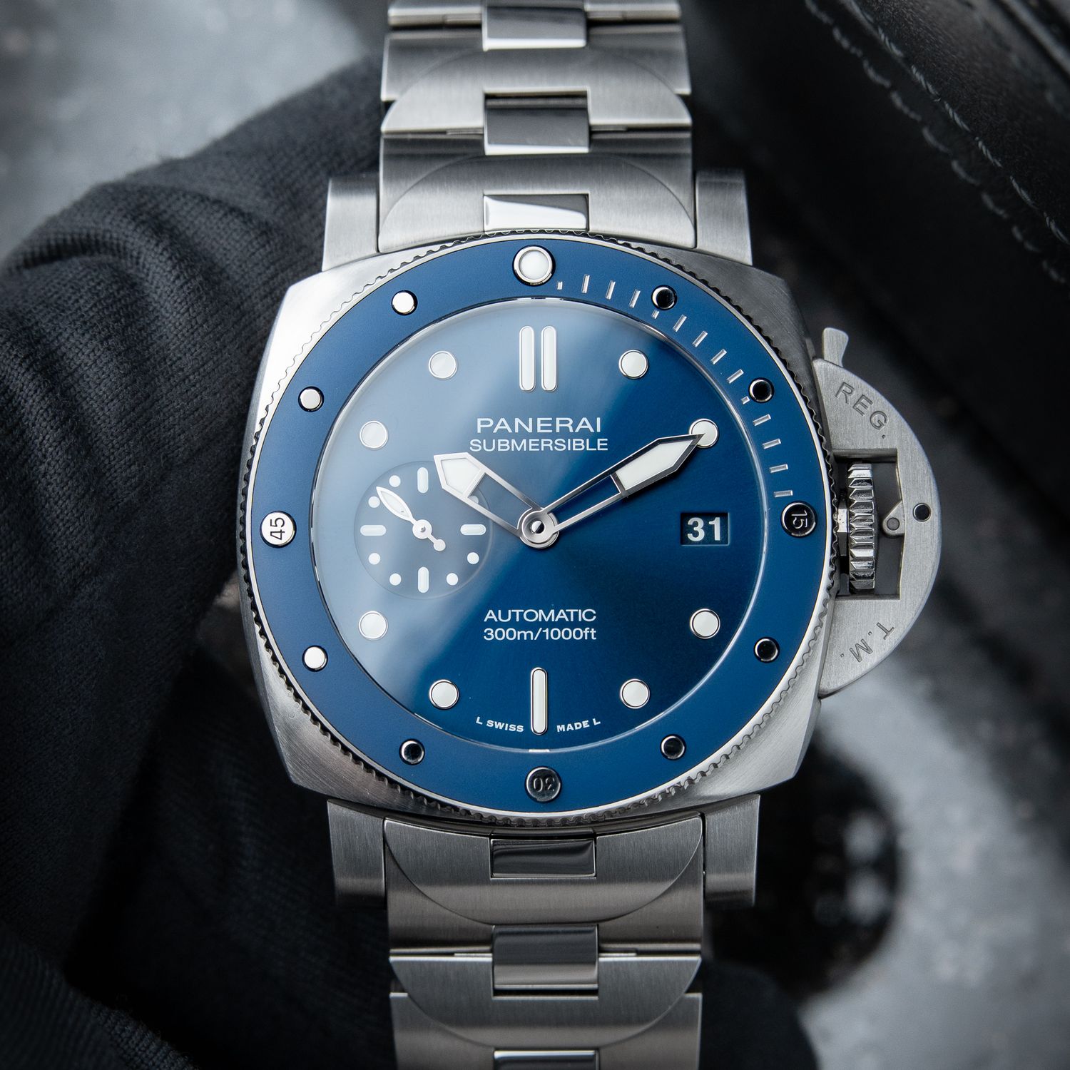 Panerai Submersible Blu Notte Blue Ceramic Bezel Steel Bracelet PAM1068